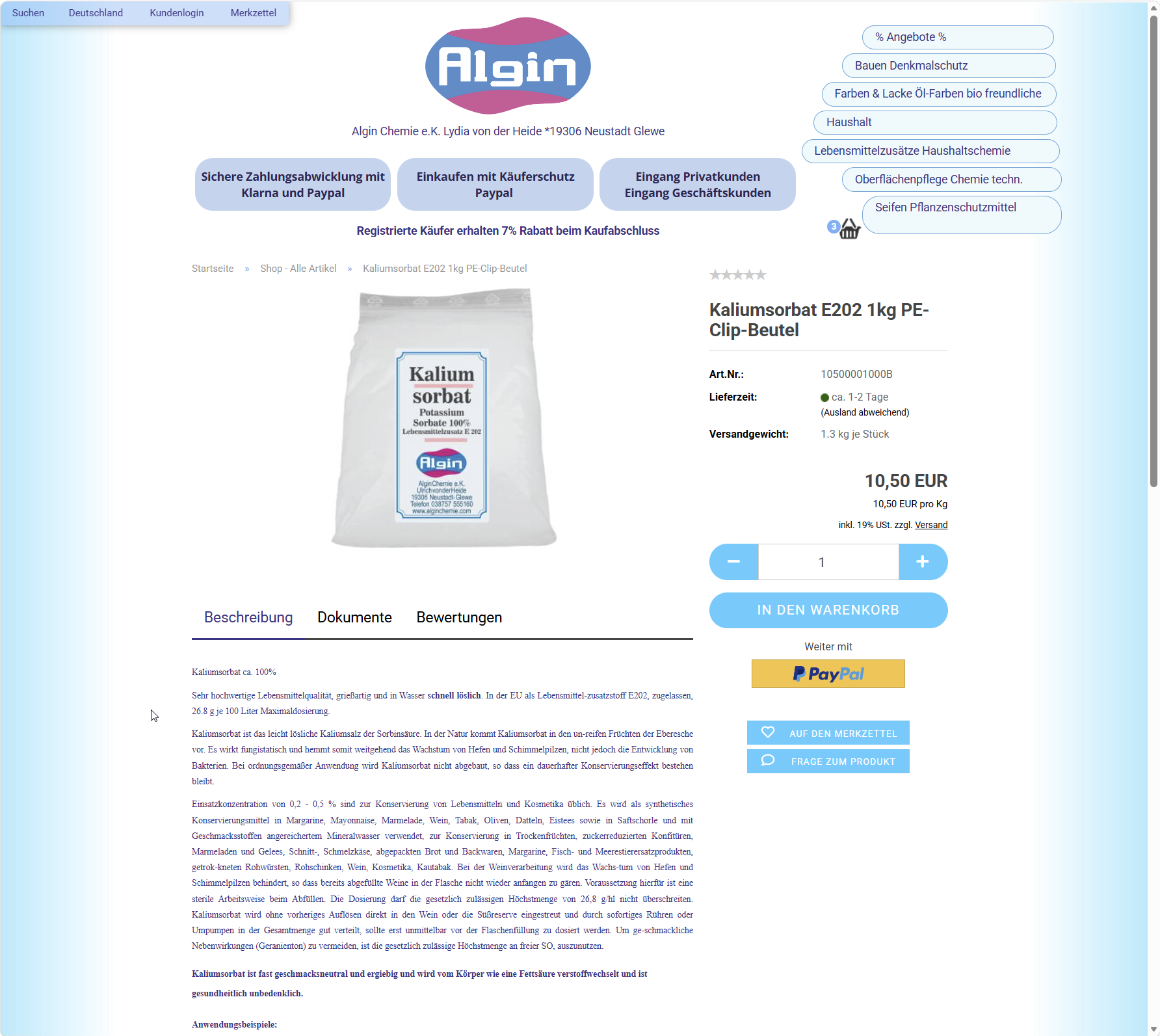 Kaliumsorbat E202 1 kg PE-Clip-Beutel, Algin Chemie, 10,50 €