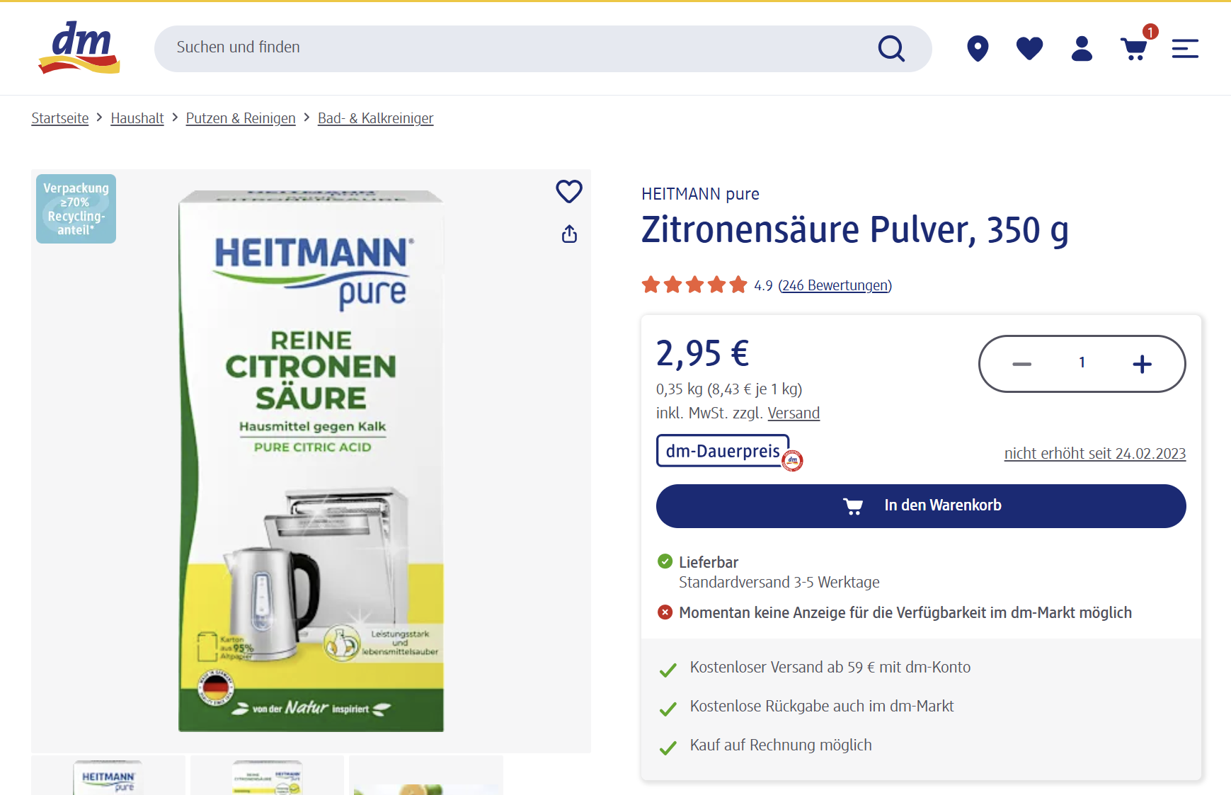 Heitmann pure Zitronensäure Pulver, 350 g, bei dm für 2,95 €